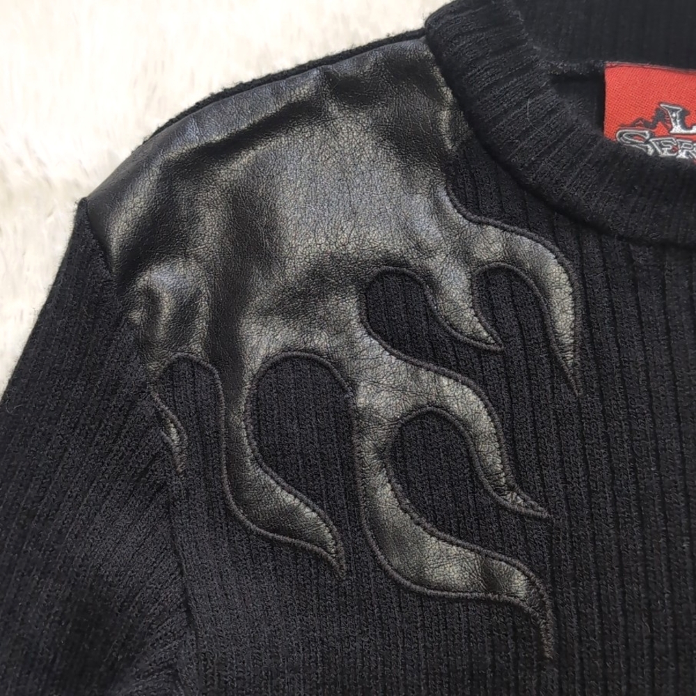 90s Lip Service Black Leather Flame Patch Knit Sweater - Picture 3 of 11